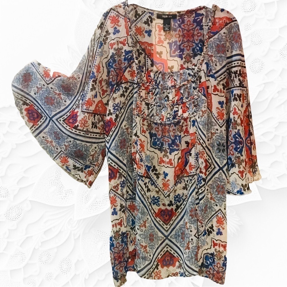 Style & Co. Colorful Flowy Semi-Sheer Tunic W/Wide Flowy Sleeves Size XL